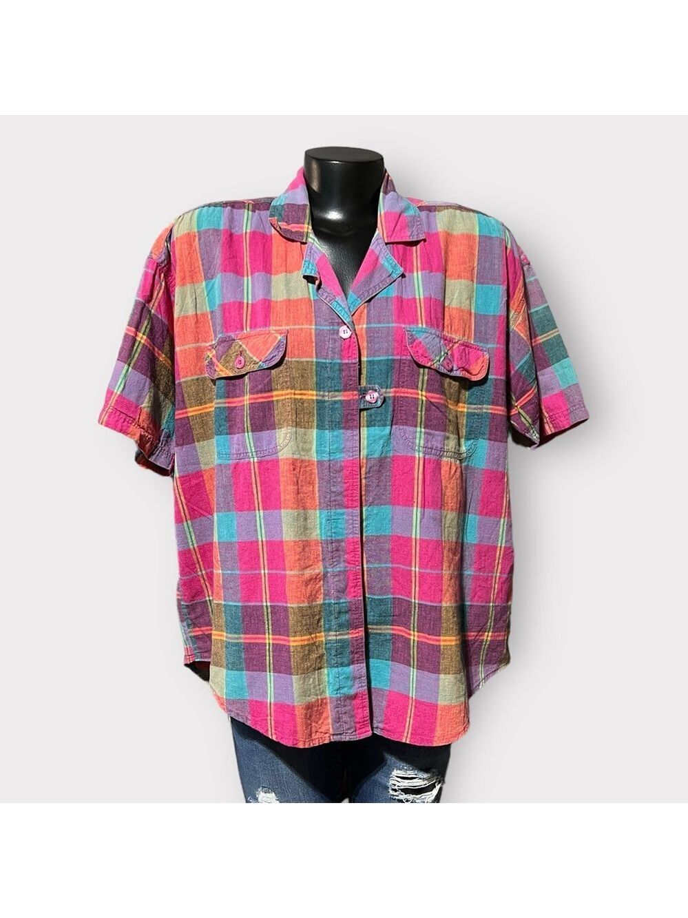 151 Vintage 80s Gitano Plaid Button Up Shirt Womens XL Short Sleeve Pink Auction